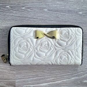 Betsy Johnson Elegant Cream Quilted Rose Floral Wallet with Gold Bow Accent